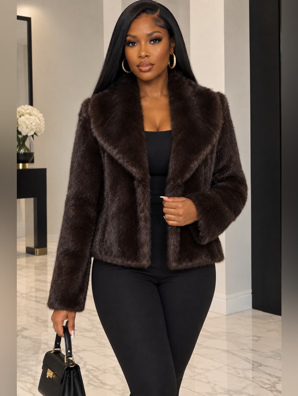 Black Rivet Plush Brown Faux Fur Jacket Sz M 🤎